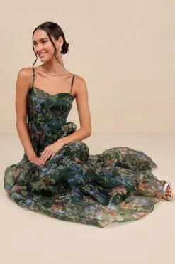 Lulus Exclusive Glamour Green Floral Organza Tiered Maxi Dress