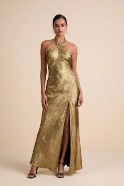 Lulus Knoxley Shiny Gold Lurex Cross-Front Halter Maxi Dress