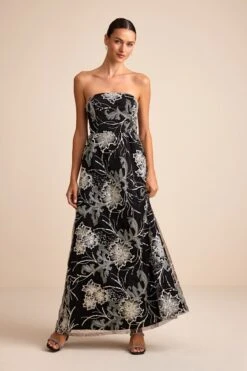 Lulus Tisdale Black And Silver Embroidered Strapless Maxi Dress